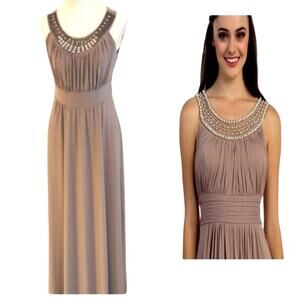 Haani Cocktail Maxi Dress Beaded Sz SP Taupe Sleeveless Long Prom Wedding Party